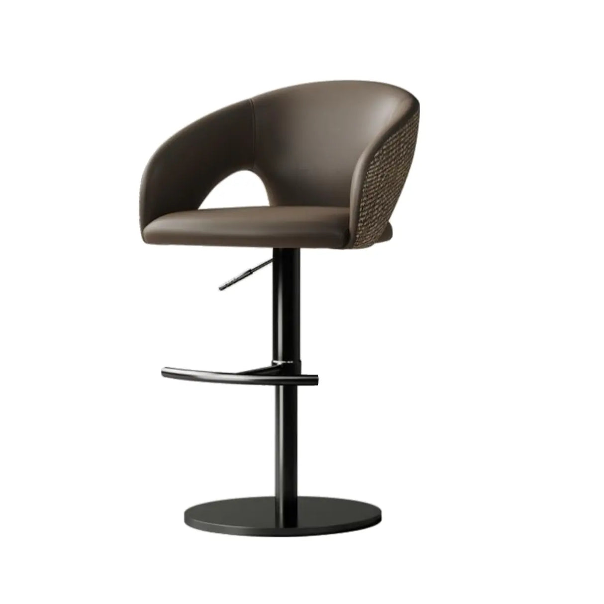Modern Swivel Adjustable Brown Leather Bucket Back Bar Stool Image - 9