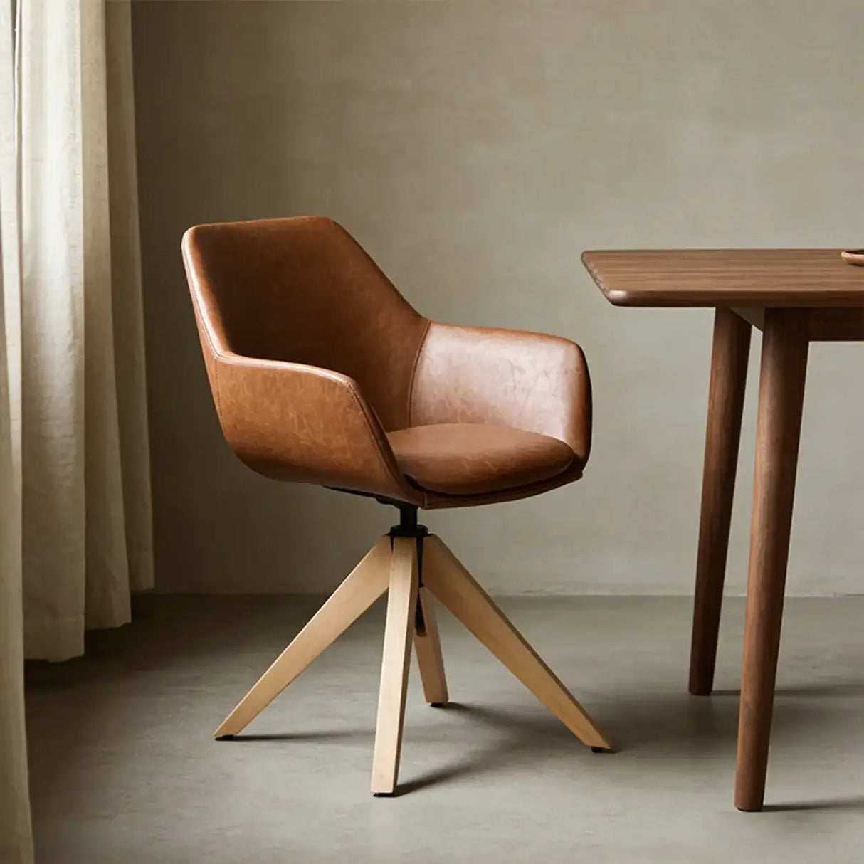 Modern Swivel Brown Faux Leather Arm Dining Chair Set of 2 Image - 1