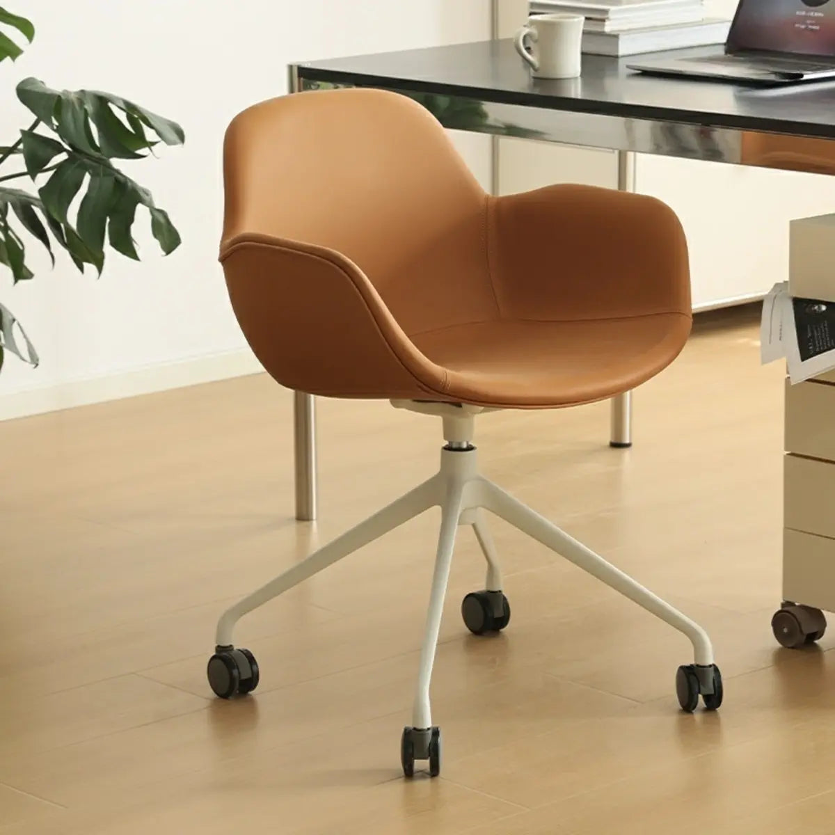 Modern Swivel Leather Metal Base Brown Office Chair Image - 1
