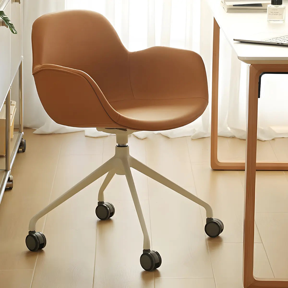 Modern Swivel Leather Metal Base Brown Office Chair Image - 2