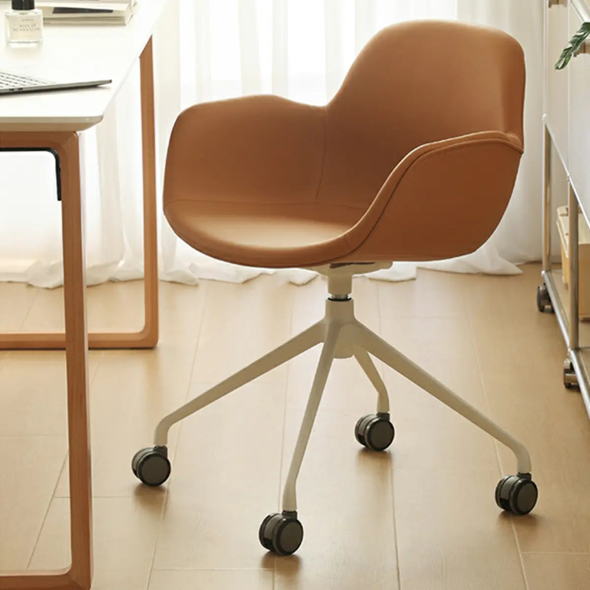 Modern Swivel Leather Metal Base Brown Office Chair Image - 5