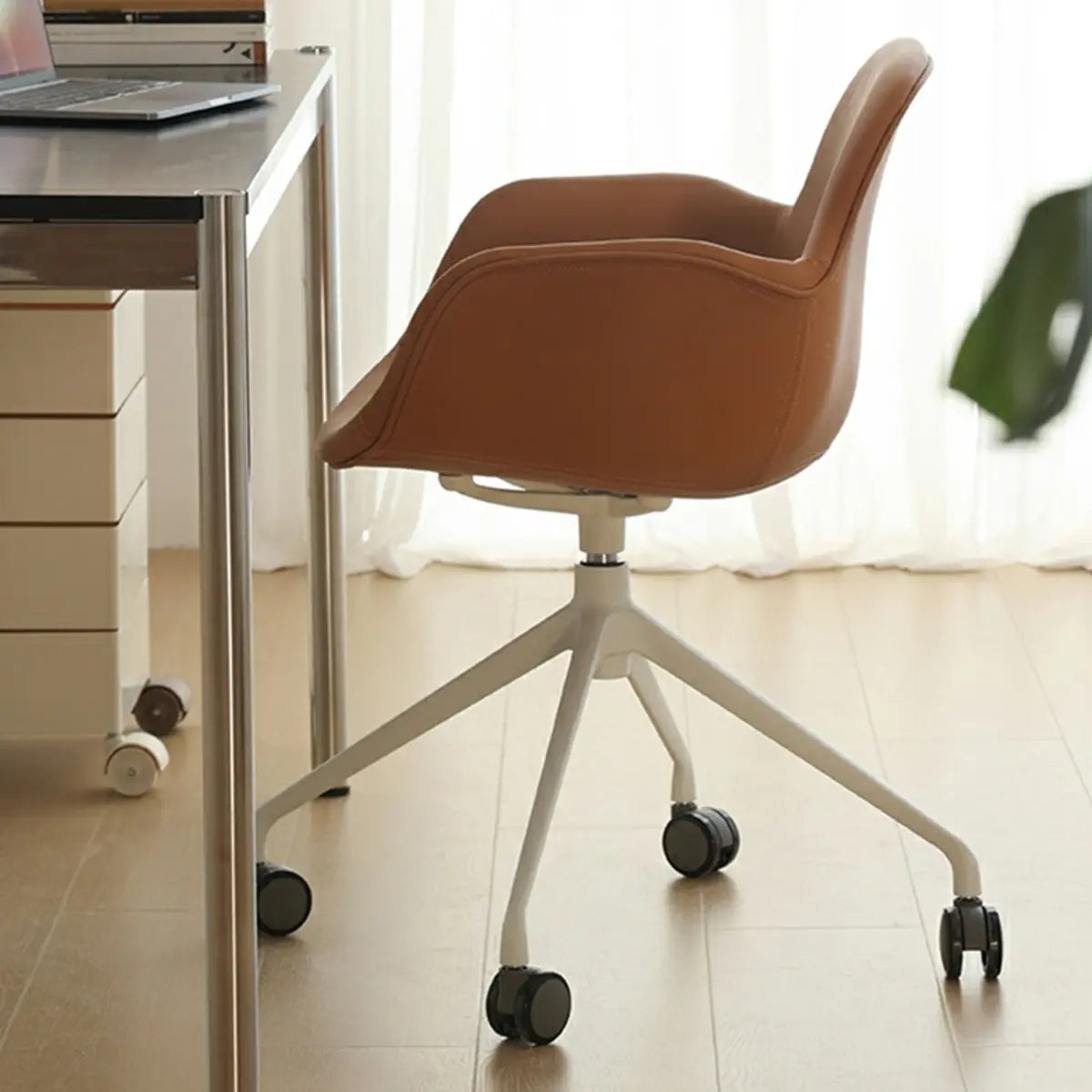 Modern Swivel Leather Metal Base Brown Office Chair Image - 6