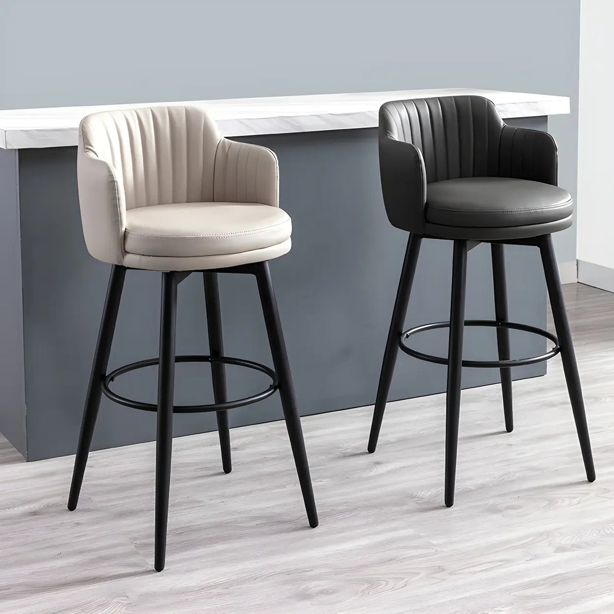 Modern Swivel PU Leather Low Back Bar Stool with Arm Image - 1
