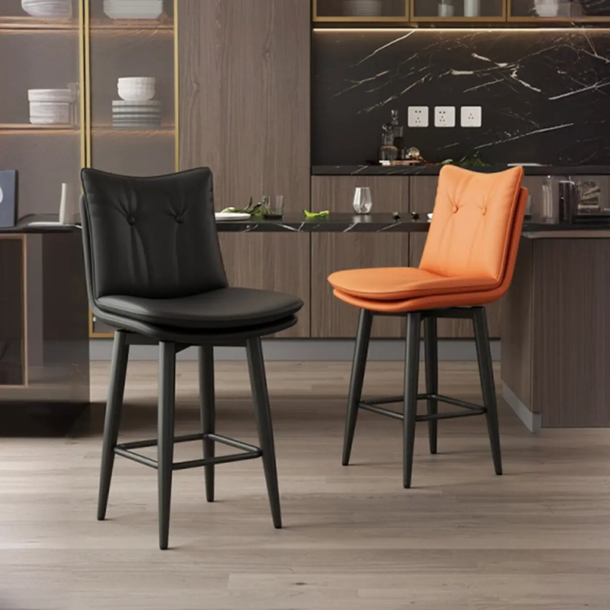 Modern Swivel Upholstered Saddle Bar Stool with Footrest Image - 1