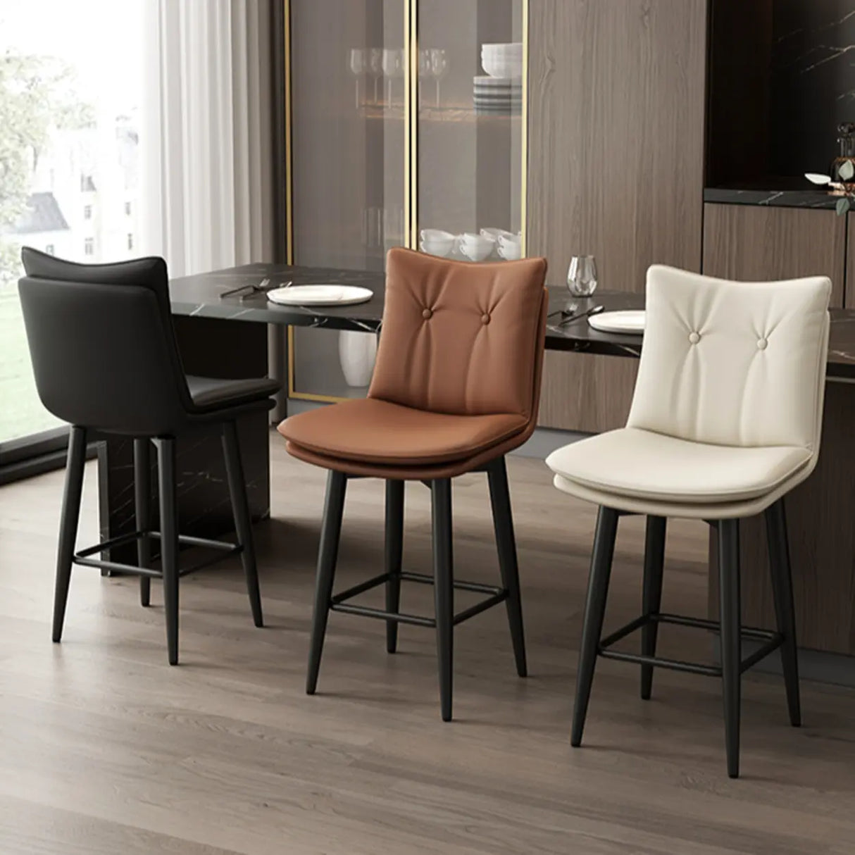 Modern Swivel Upholstered Saddle Bar Stool with Footrest Image - 4