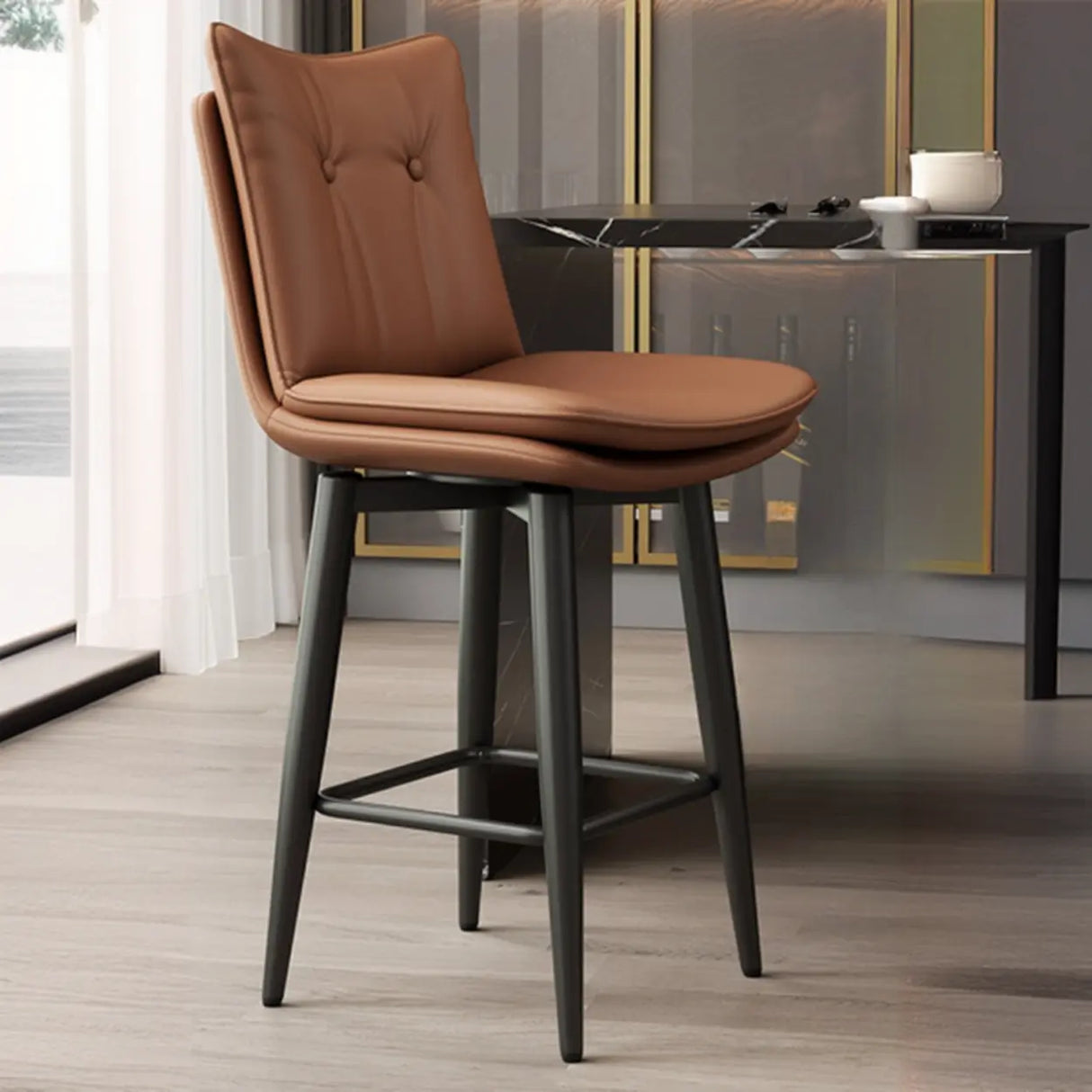 Modern Swivel Upholstered Saddle Bar Stool with Footrest Image - 7