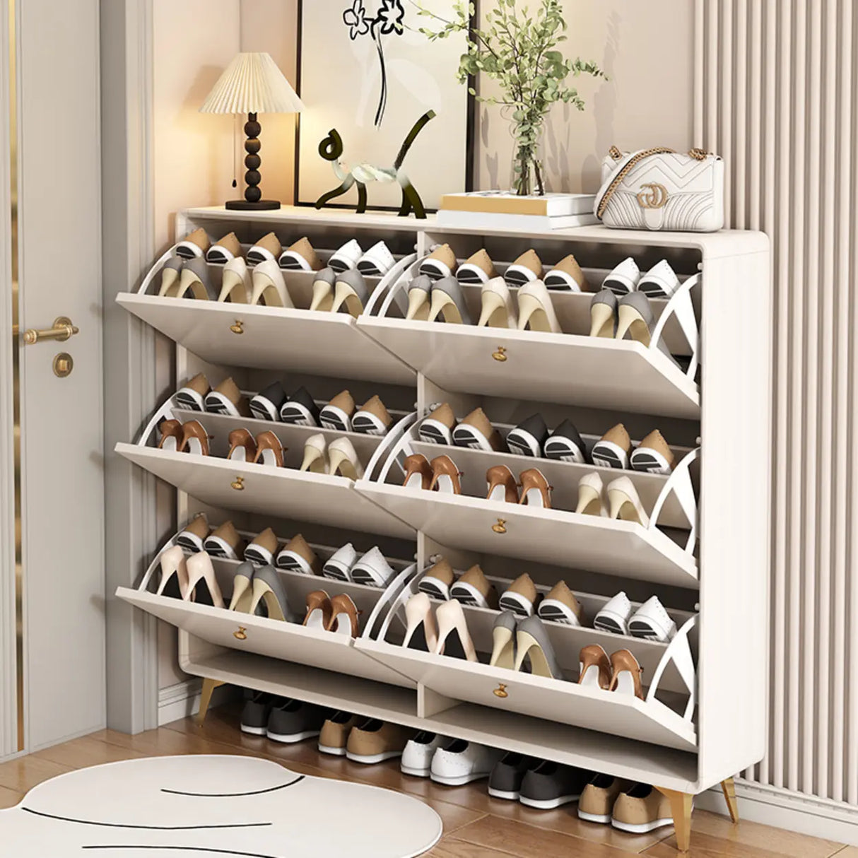 Modern Tall Shoe Cabinet Wood Hallway White 6 Compartments Image - 13