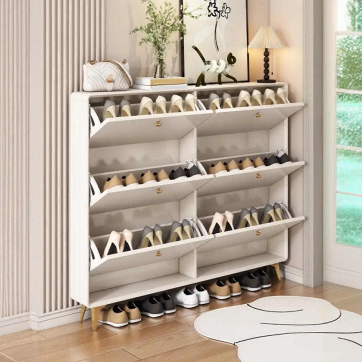 Modern Tall Shoe Cabinet Wood Hallway White 6 Compartments Image - 14