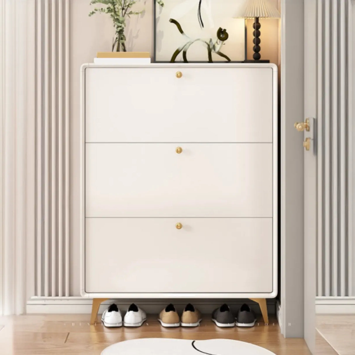 Modern Tall Shoe Cabinet Wood Hallway White 6 Compartments Image - 16