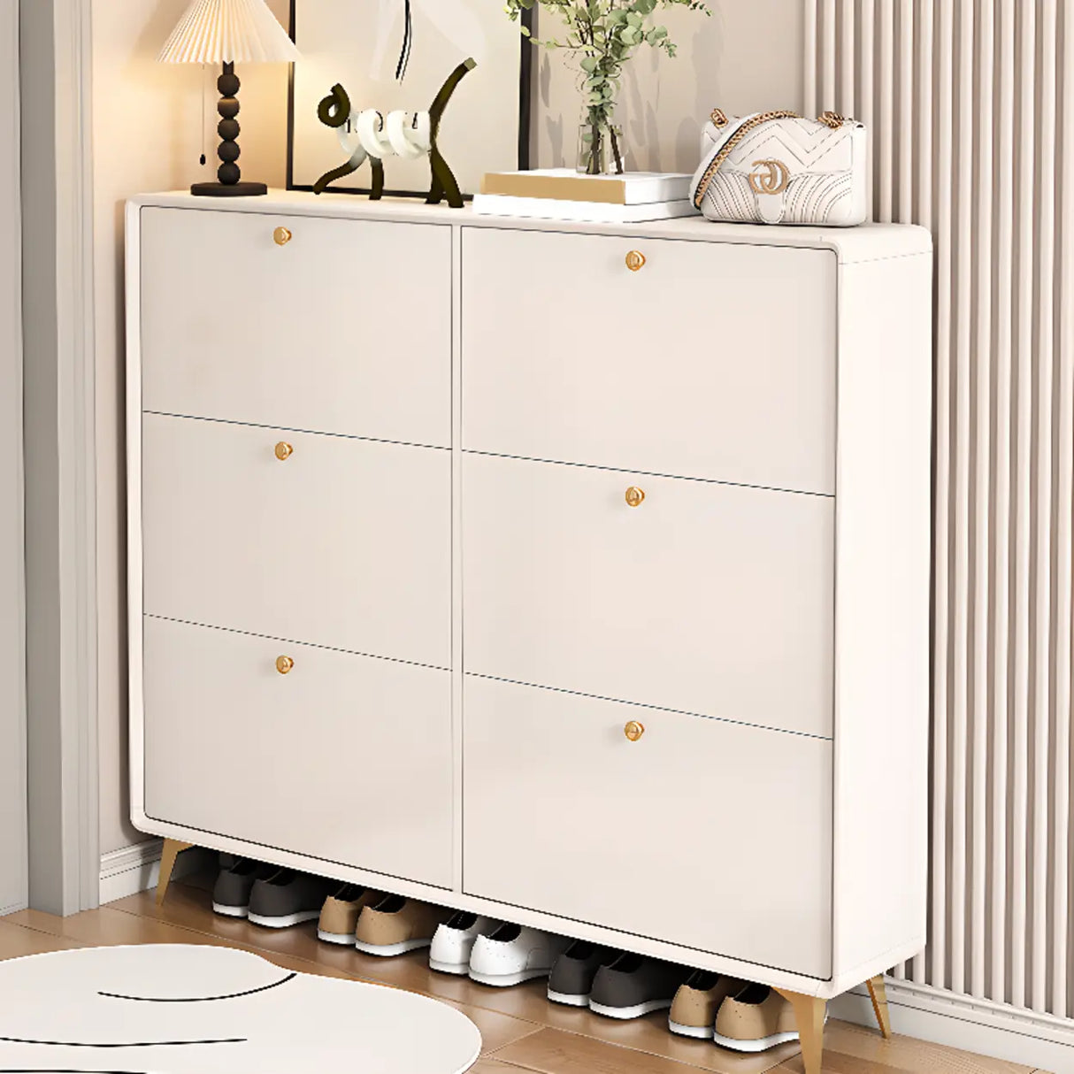 Modern Tall Shoe Cabinet Wood Hallway White 6 Compartments Image - 1
