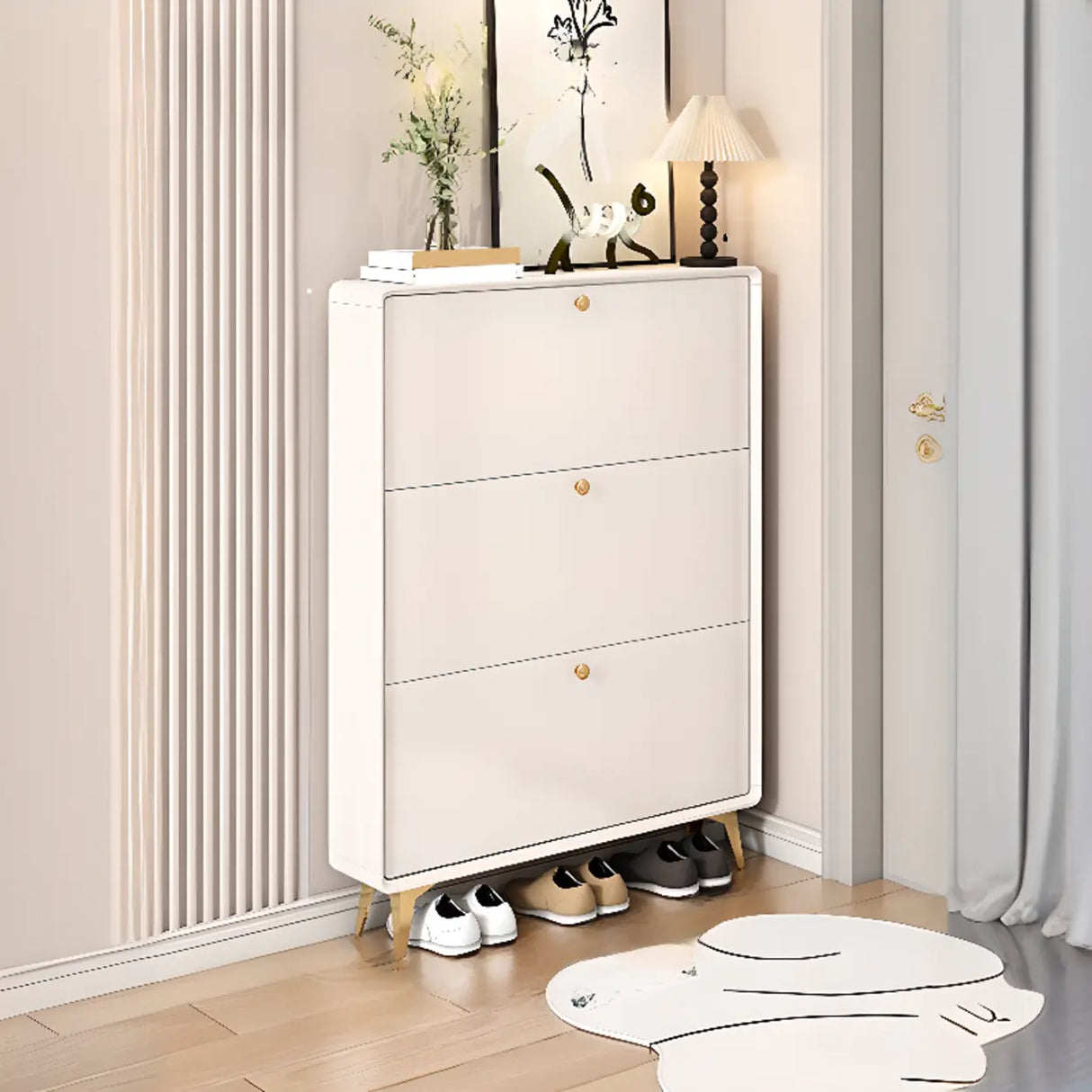 Modern Tall Shoe Cabinet Wood Hallway White 6 Compartments Image - 2