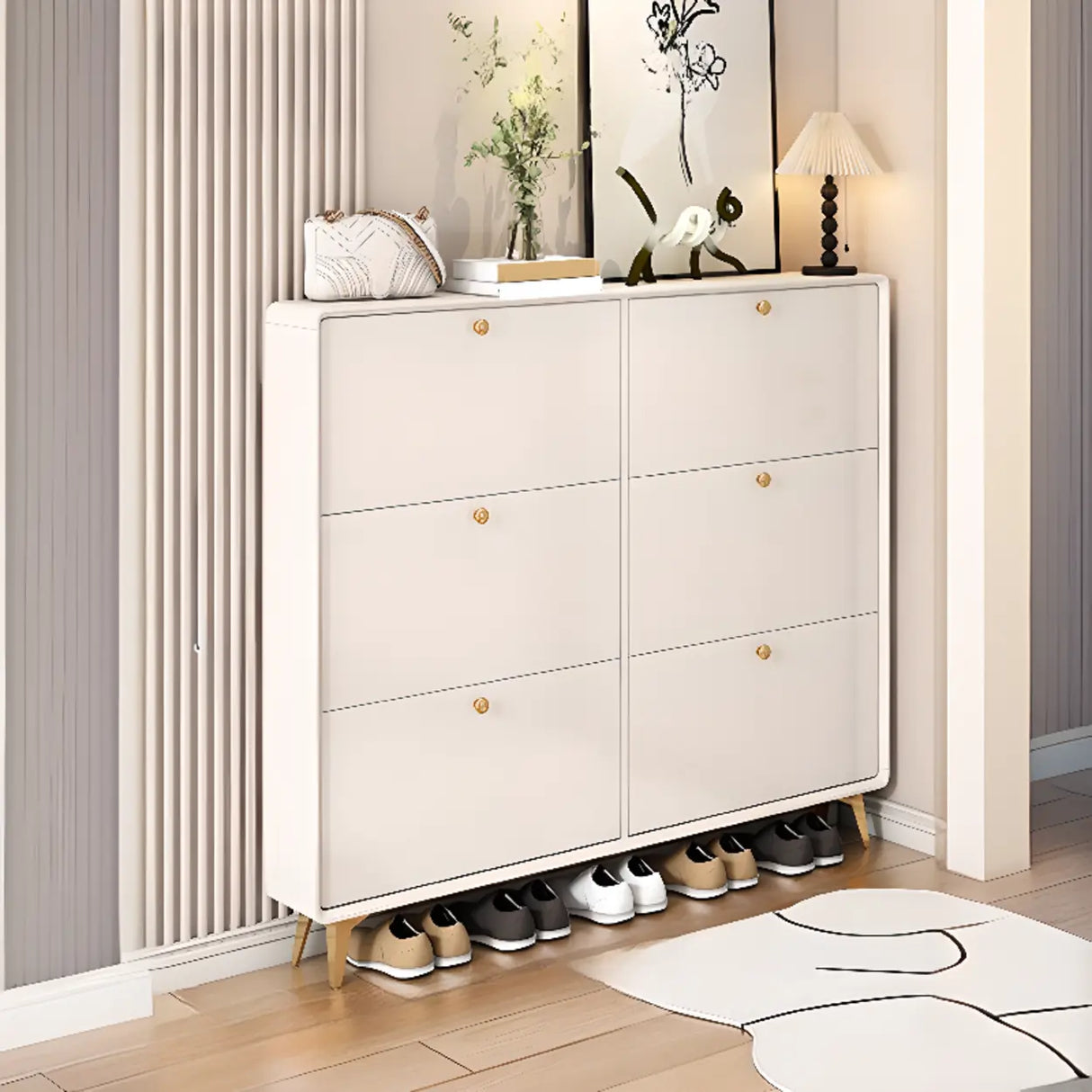 Modern Tall Shoe Cabinet Wood Hallway White 6 Compartments Image - 3