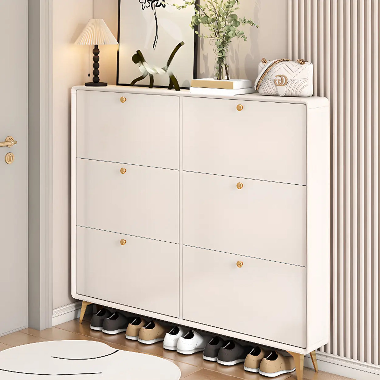 Modern Tall Shoe Cabinet Wood Hallway White 6 Compartments Image - 4