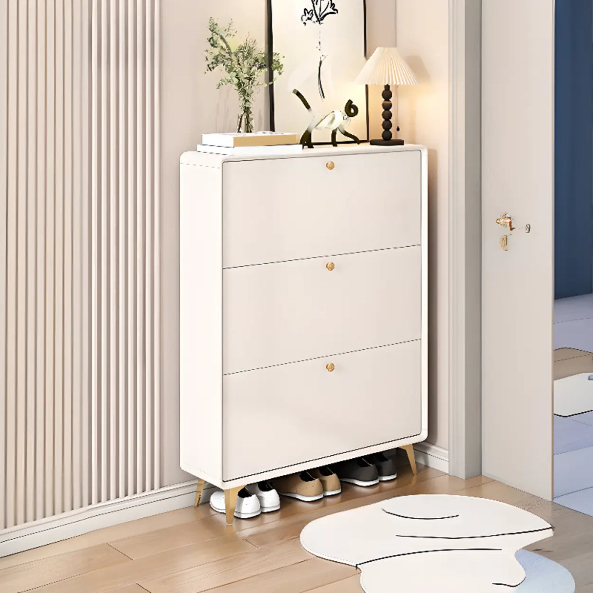 Modern Tall Shoe Cabinet Wood Hallway White 6 Compartments Image - 5