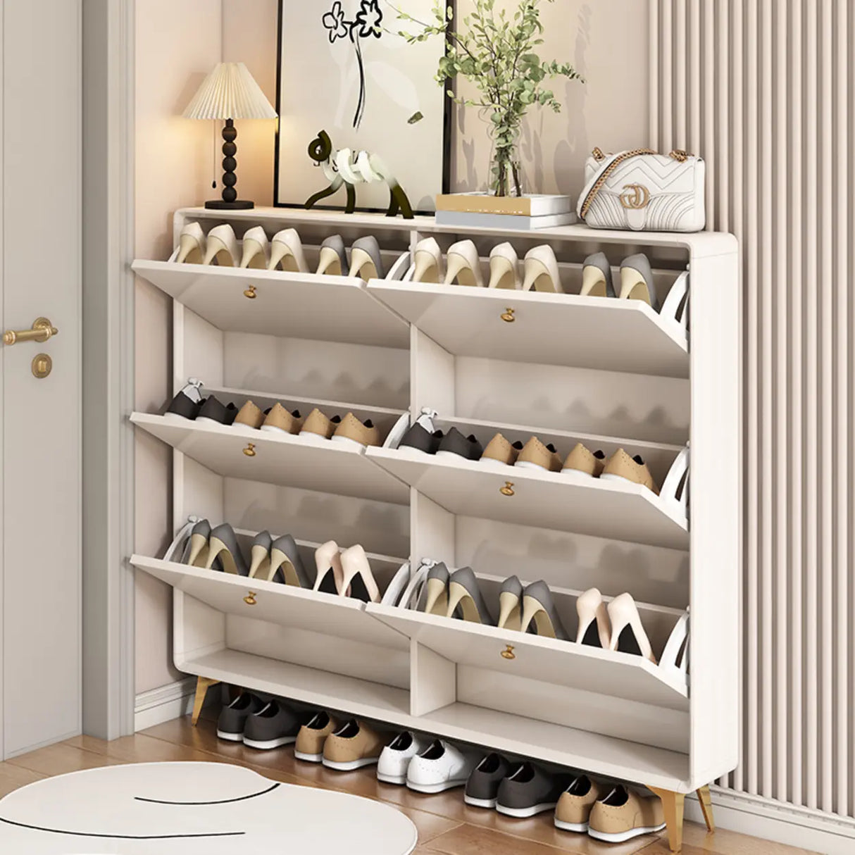 Modern Tall Shoe Cabinet Wood Hallway White 6 Compartments Image - 6