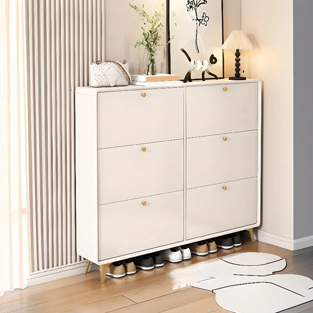 Modern Tall Shoe Cabinet Wood Hallway White 6 Compartments Image - 7