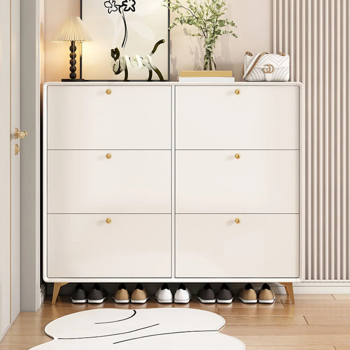 Modern Tall Shoe Cabinet Wood Hallway White 6 Compartments Image - 8