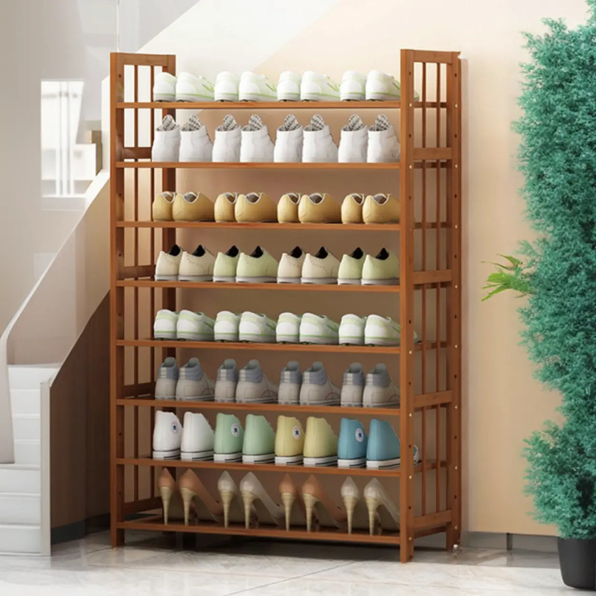 Modern Tall Wood Freestanding Brown Shoe Rack Organizer Image - 11