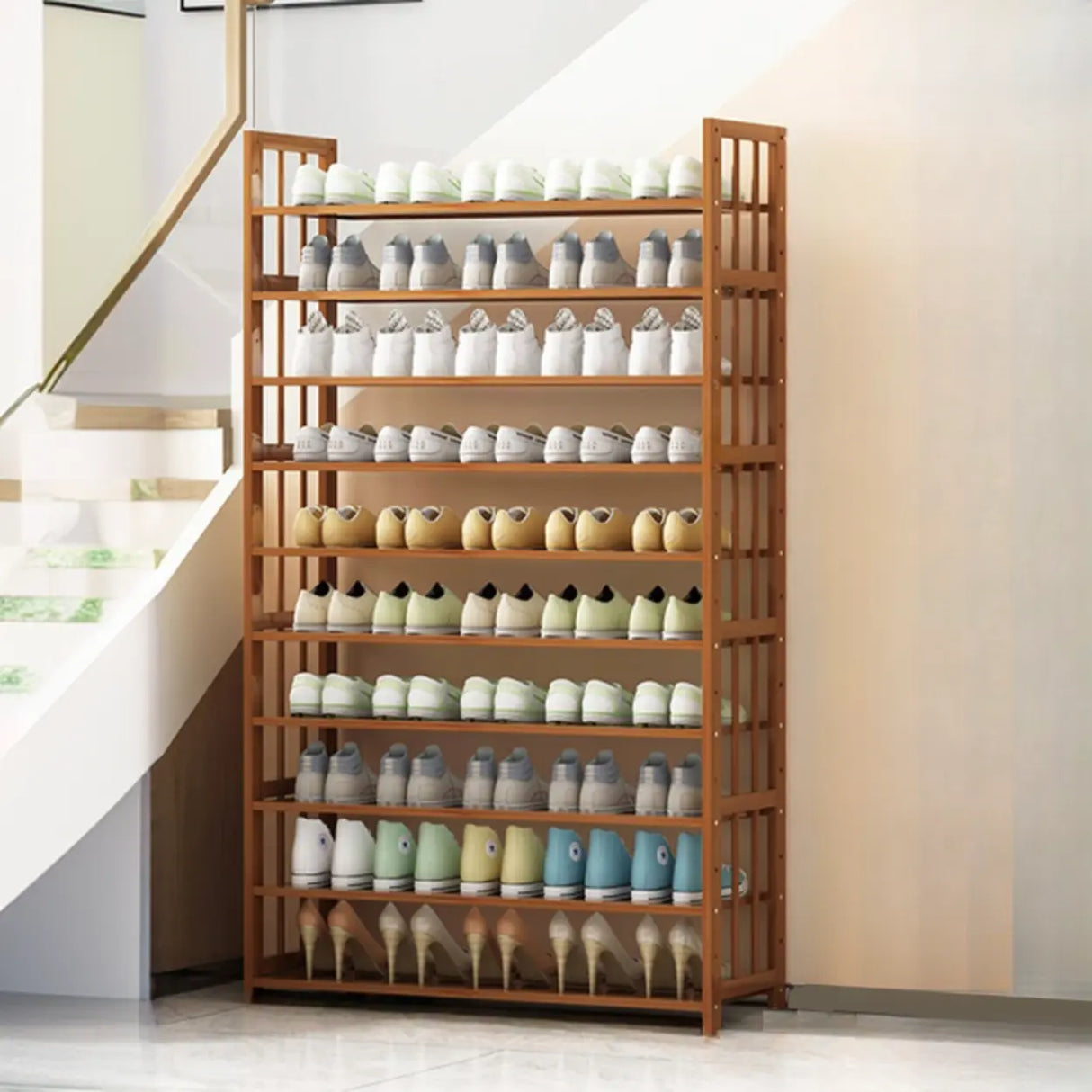Modern Tall Wood Freestanding Brown Shoe Rack Organizer Image - 13