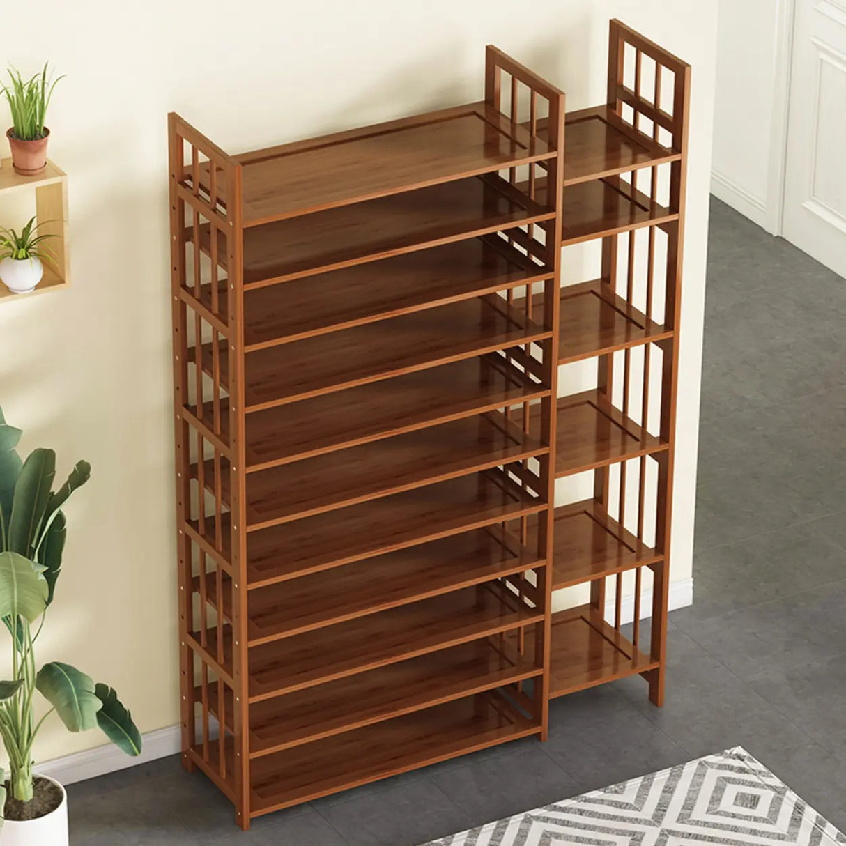 Modern Tall Wood Freestanding Brown Shoe Rack Organizer Image - 1