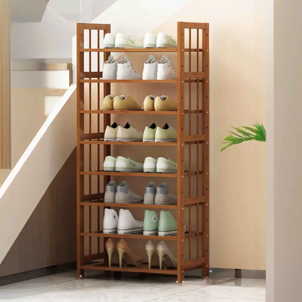 Modern Tall Wood Freestanding Brown Shoe Rack Organizer Image - 2