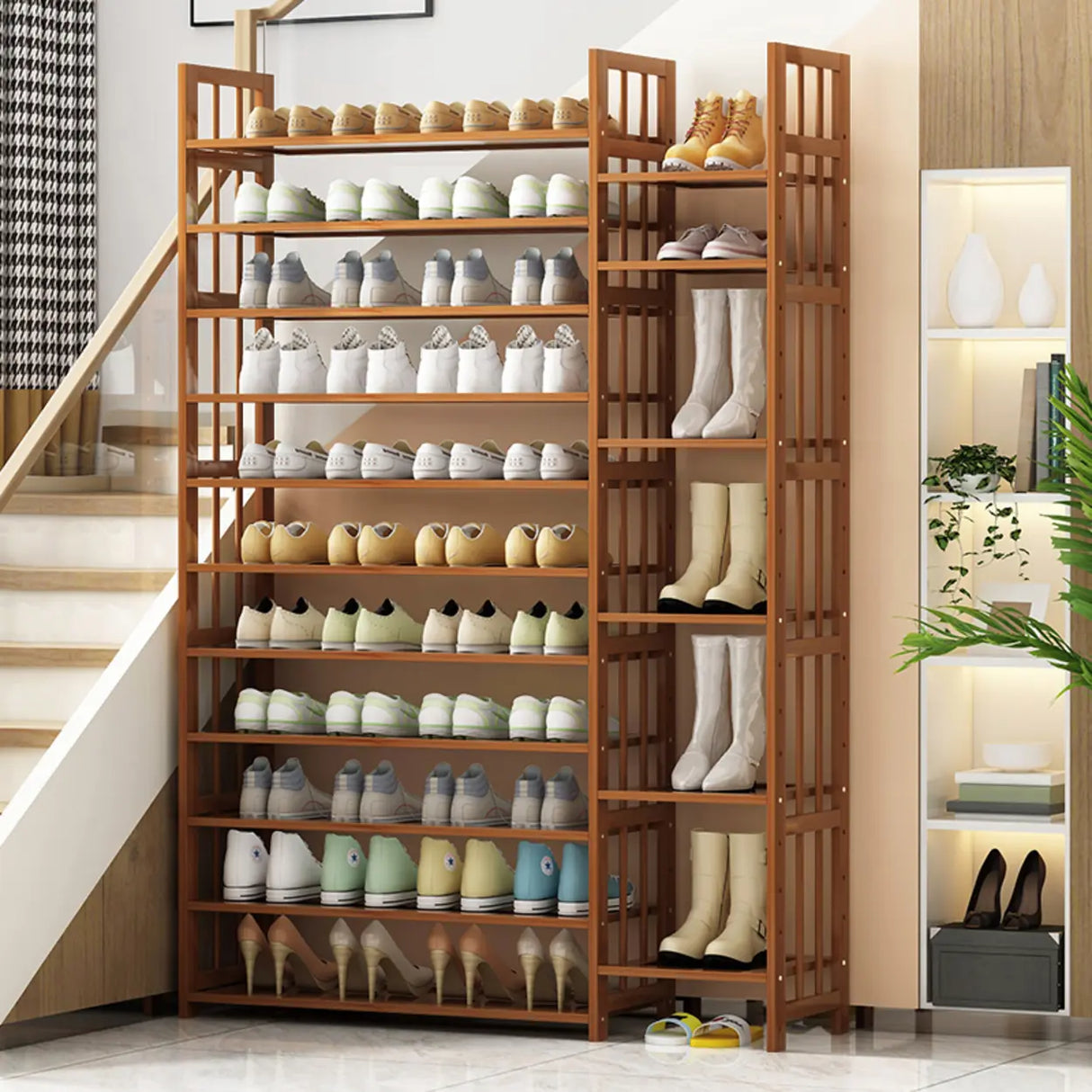 Modern Tall Wood Freestanding Brown Shoe Rack Organizer Image - 3