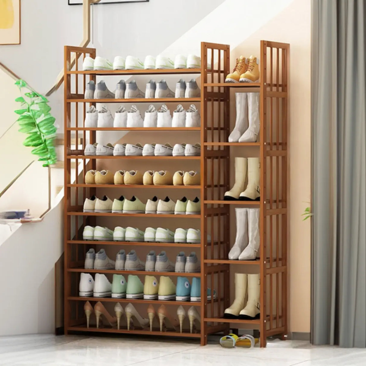 Modern Tall Wood Freestanding Brown Shoe Rack Organizer Image - 4