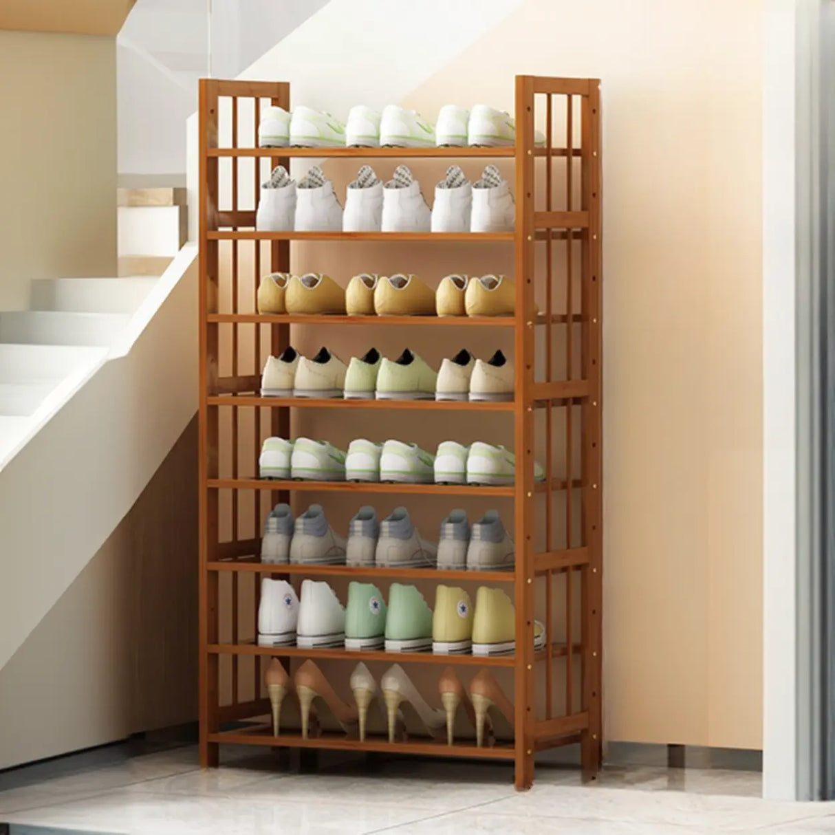 Modern Tall Wood Freestanding Brown Shoe Rack Organizer Image - 5
