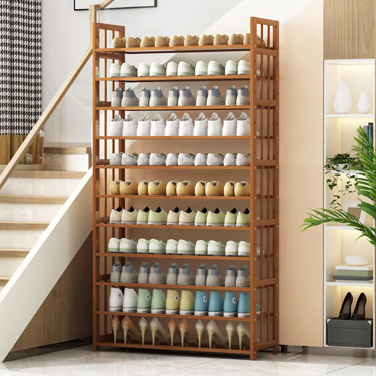 Modern Tall Wood Freestanding Brown Shoe Rack Organizer Image - 6