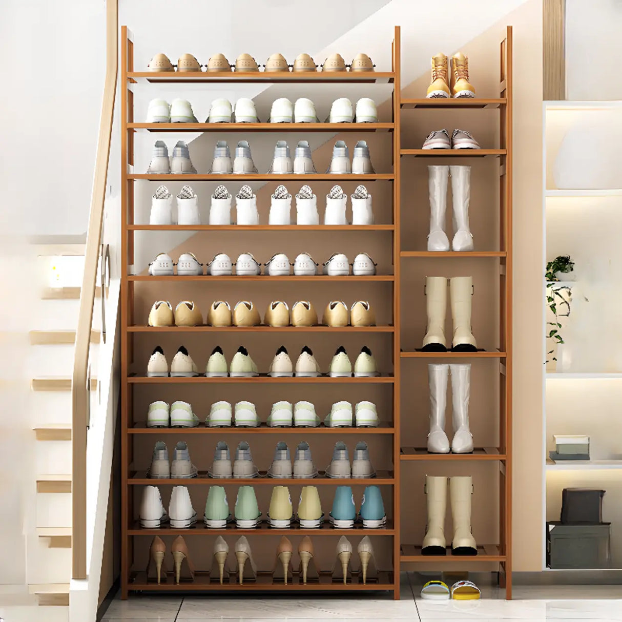 Modern Tall Wood Freestanding Brown Shoe Rack Organizer Image - 7