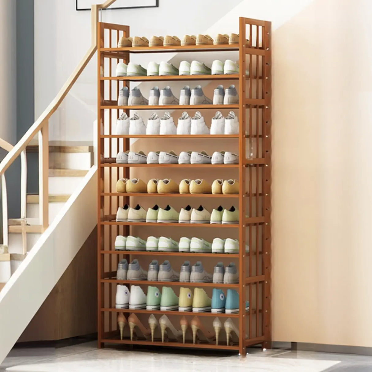 Modern Tall Wood Freestanding Brown Shoe Rack Organizer Image - 8
