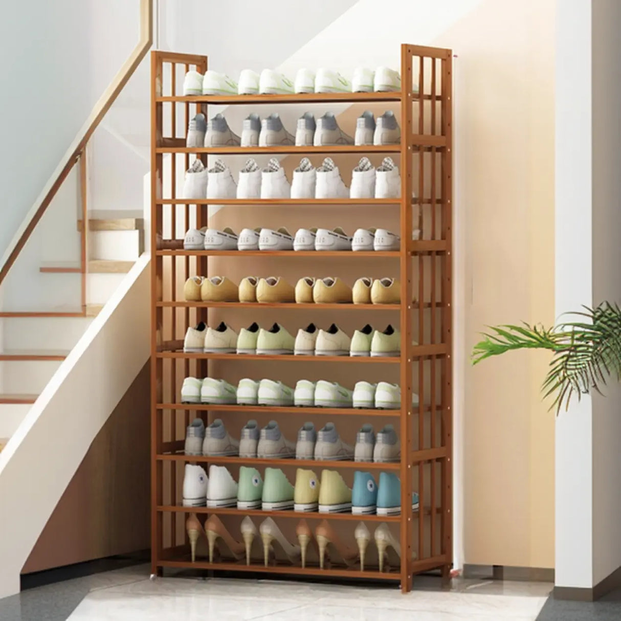 Modern Tall Wood Freestanding Brown Shoe Rack Organizer Image - 9