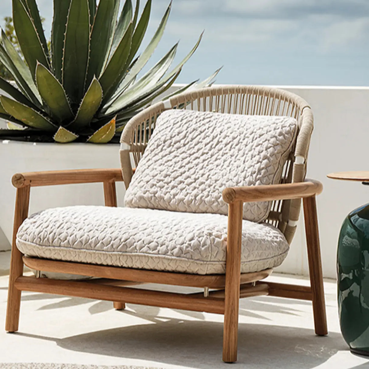 Modern Teak Wicker Grey Waterproof Upholstered Patio Sofa Image - 4