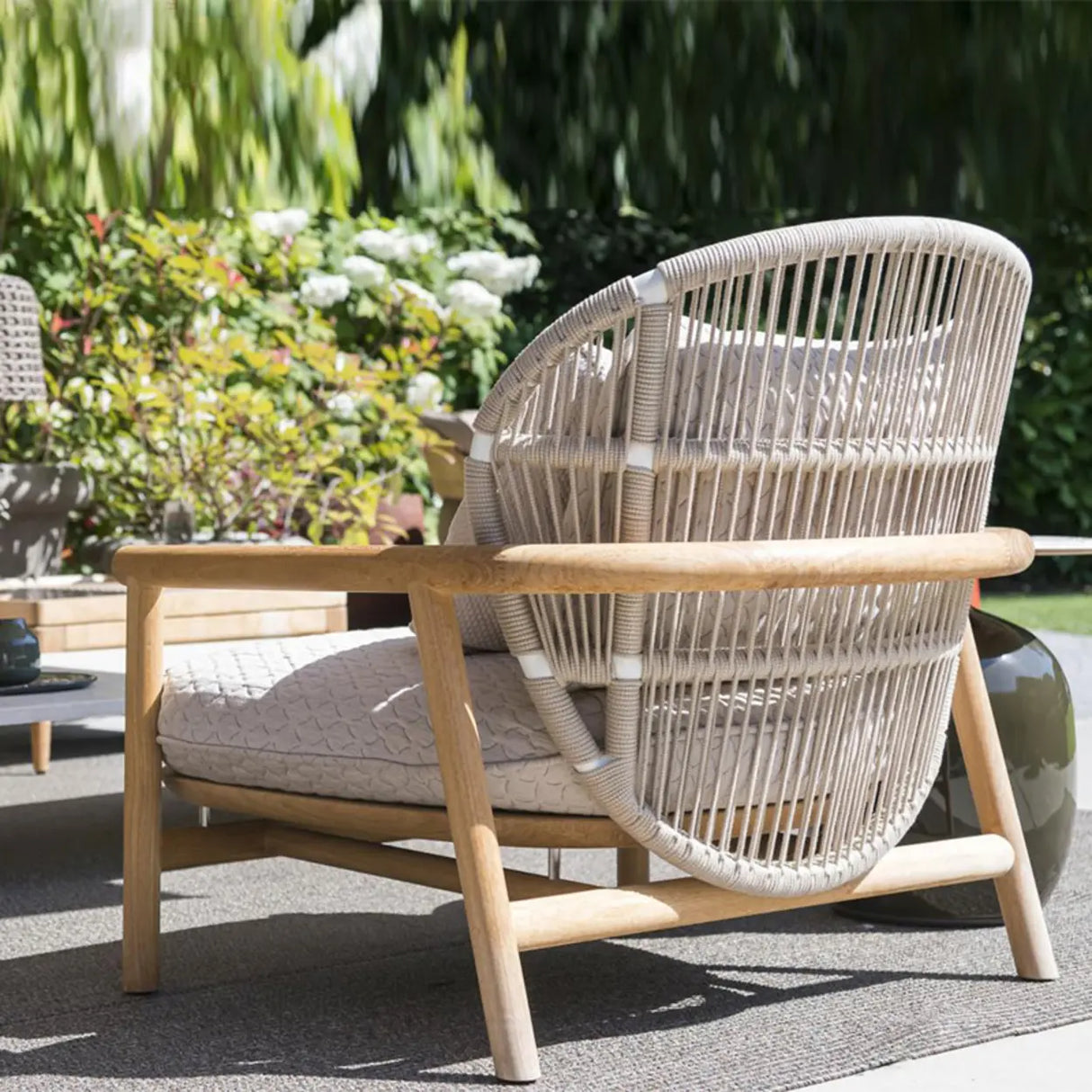 Modern Teak Wicker Grey Waterproof Upholstered Patio Sofa Image - 6