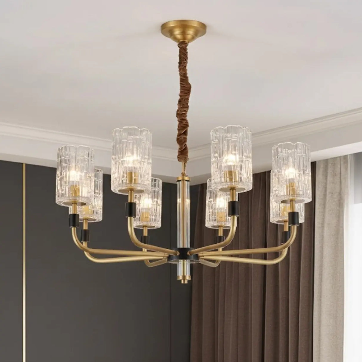 Modern Textured Glass Cylinder Shade Brass Branch Chandelier Image - 1