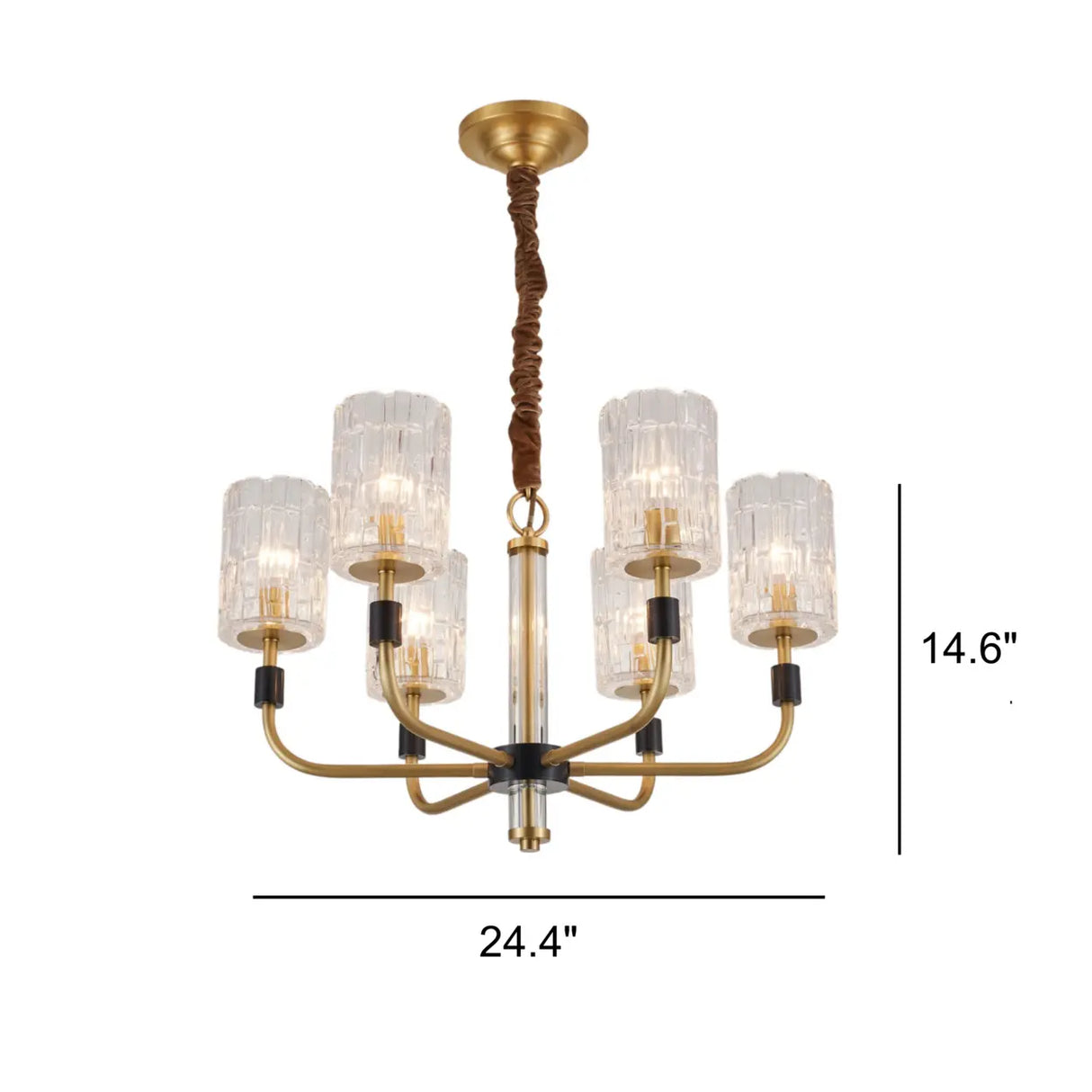 Modern Textured Glass Cylinder Shade Brass Branch Chandelier