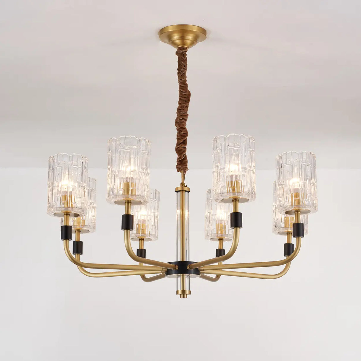 Modern Textured Glass Cylinder Shade Brass Branch Chandelier Image - 2