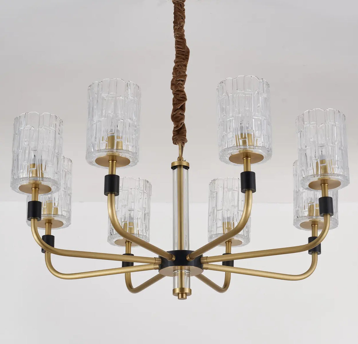 Modern Textured Glass Cylinder Shade Brass Branch Chandelier Image - 3