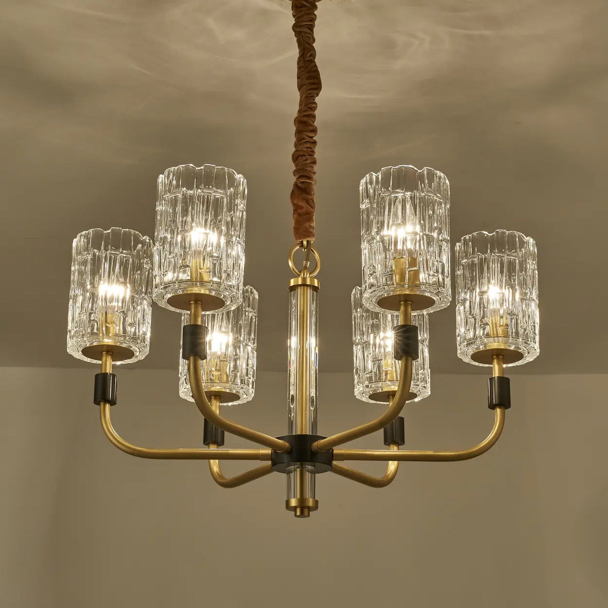 Modern Textured Glass Cylinder Shade Brass Branch Chandelier Image - 5