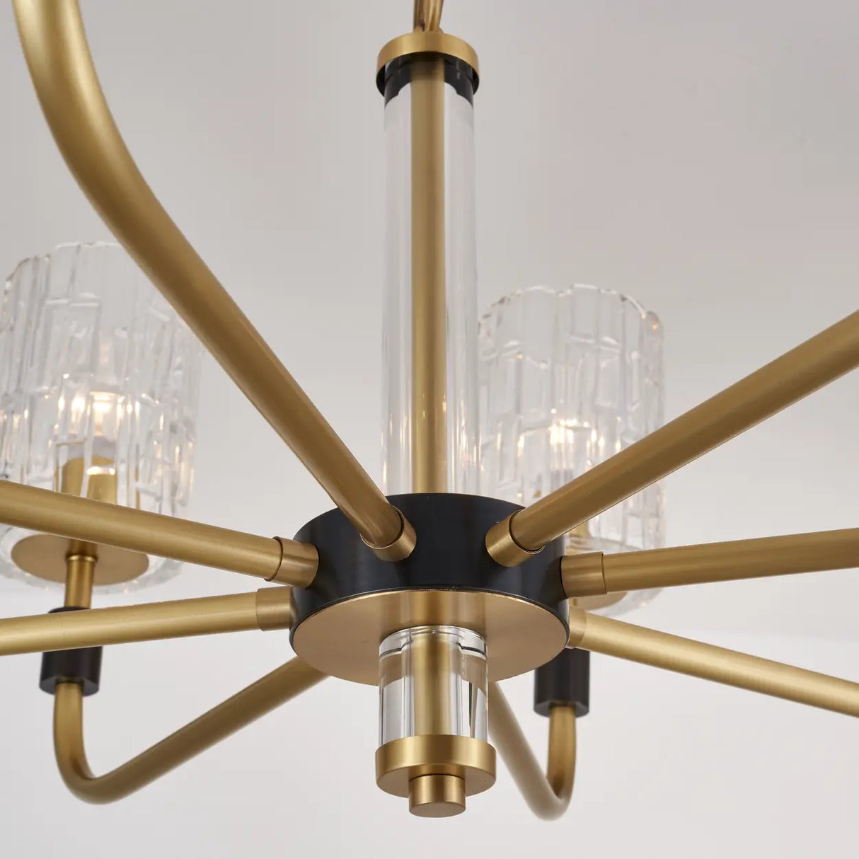 Modern Textured Glass Cylinder Shade Brass Branch Chandelier Image - 6