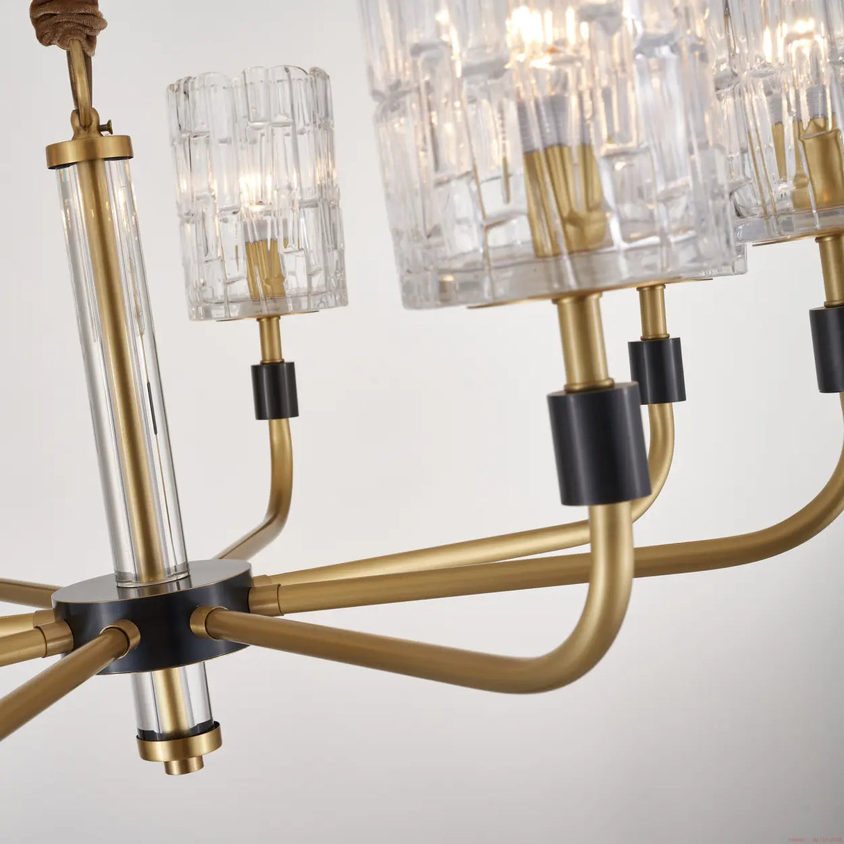 Modern Textured Glass Cylinder Shade Brass Branch Chandelier Image - 7