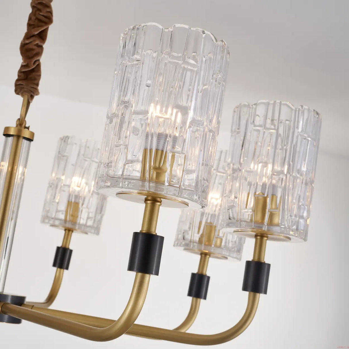 Modern Textured Glass Cylinder Shade Brass Branch Chandelier Image - 8