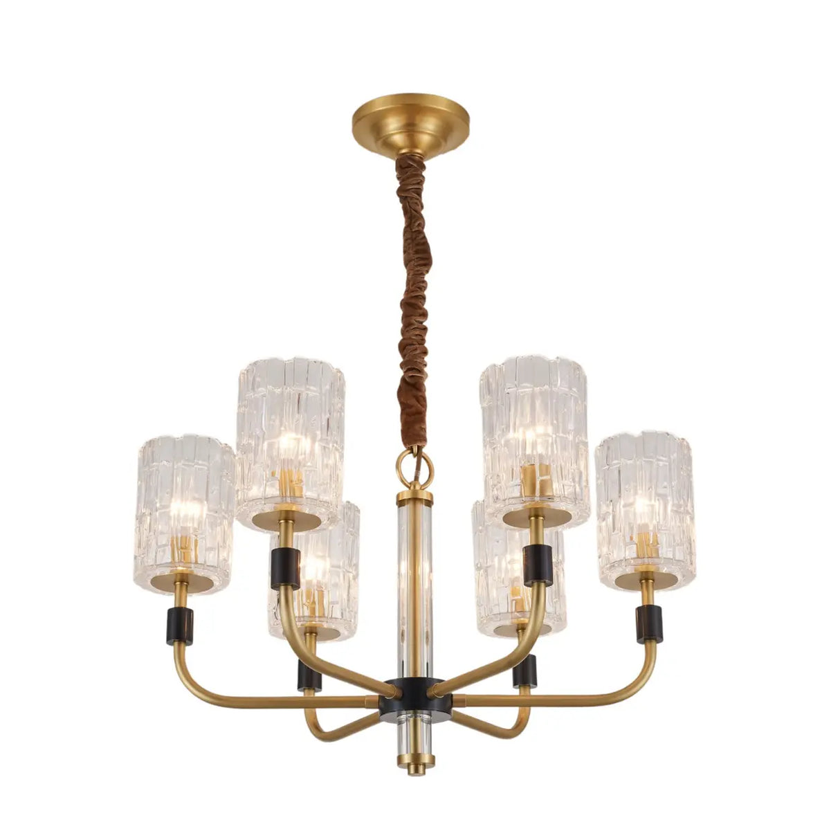 Modern Textured Glass Cylinder Shade Brass Branch Chandelier Image - 9