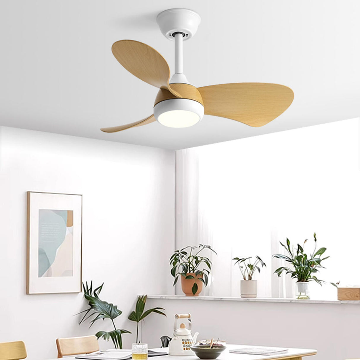 Modern Three-Blade Wooden Ceiling Fan with LED Light Image - 4