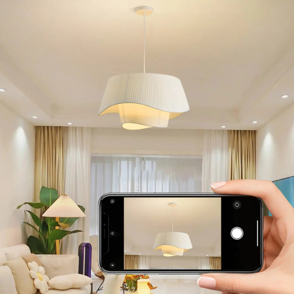 Modern Tiered White Fabric Living Room Ceiling Pendant Light Image - 15