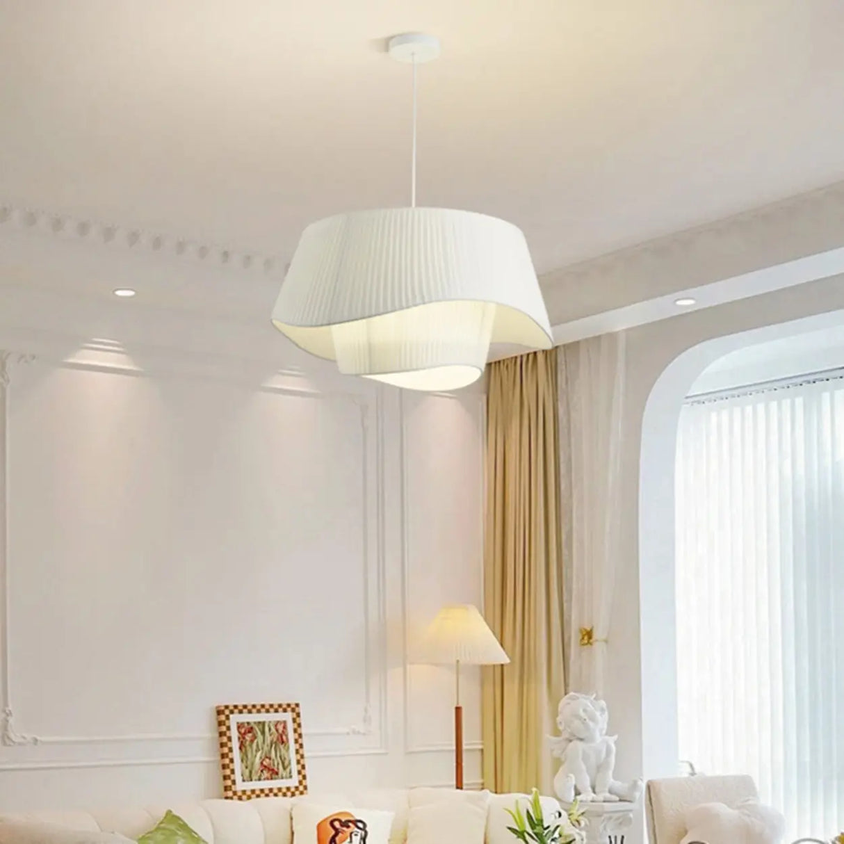 Modern Tiered White Fabric Living Room Ceiling Pendant Light Image - 3