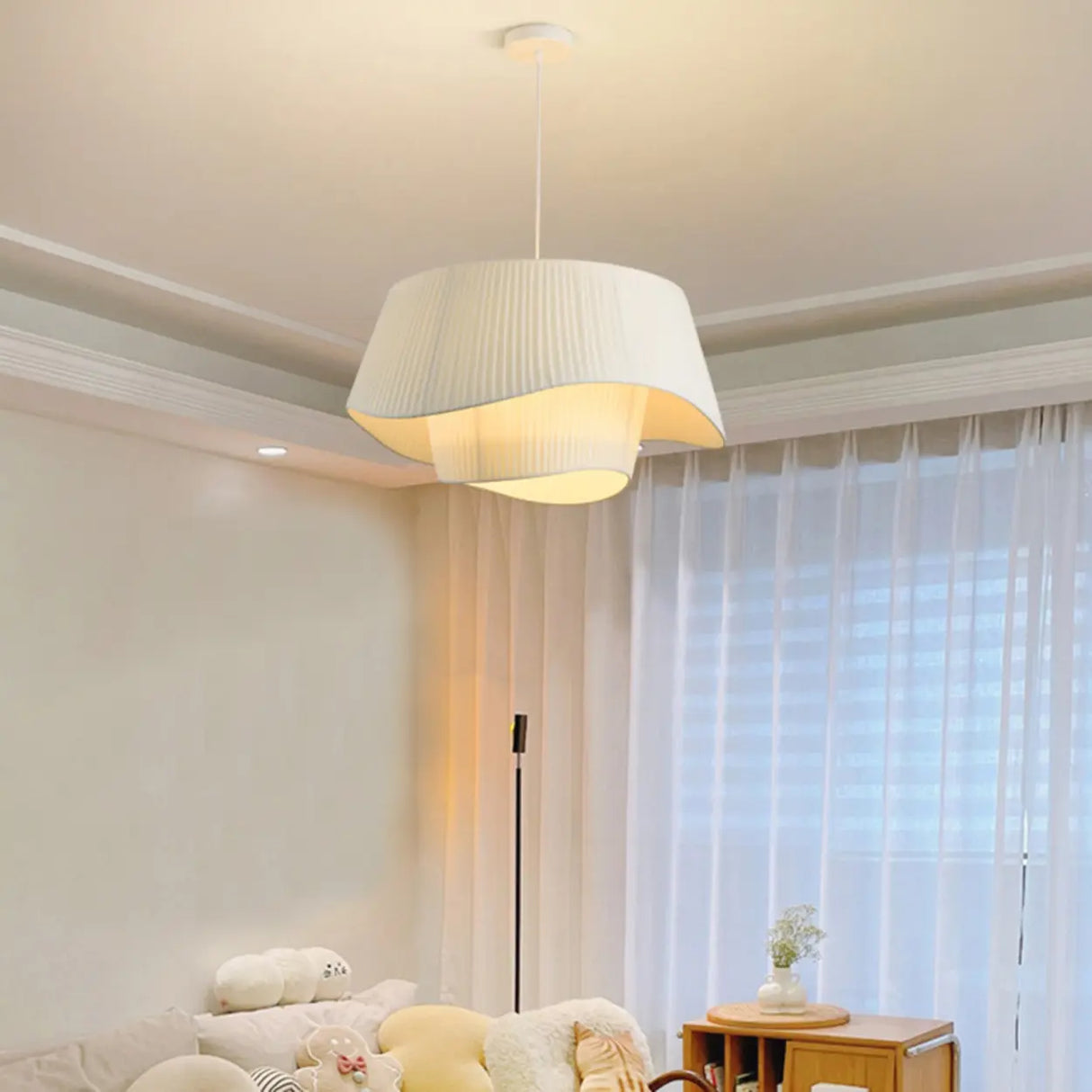 Modern Tiered White Fabric Living Room Ceiling Pendant Light Image - 7