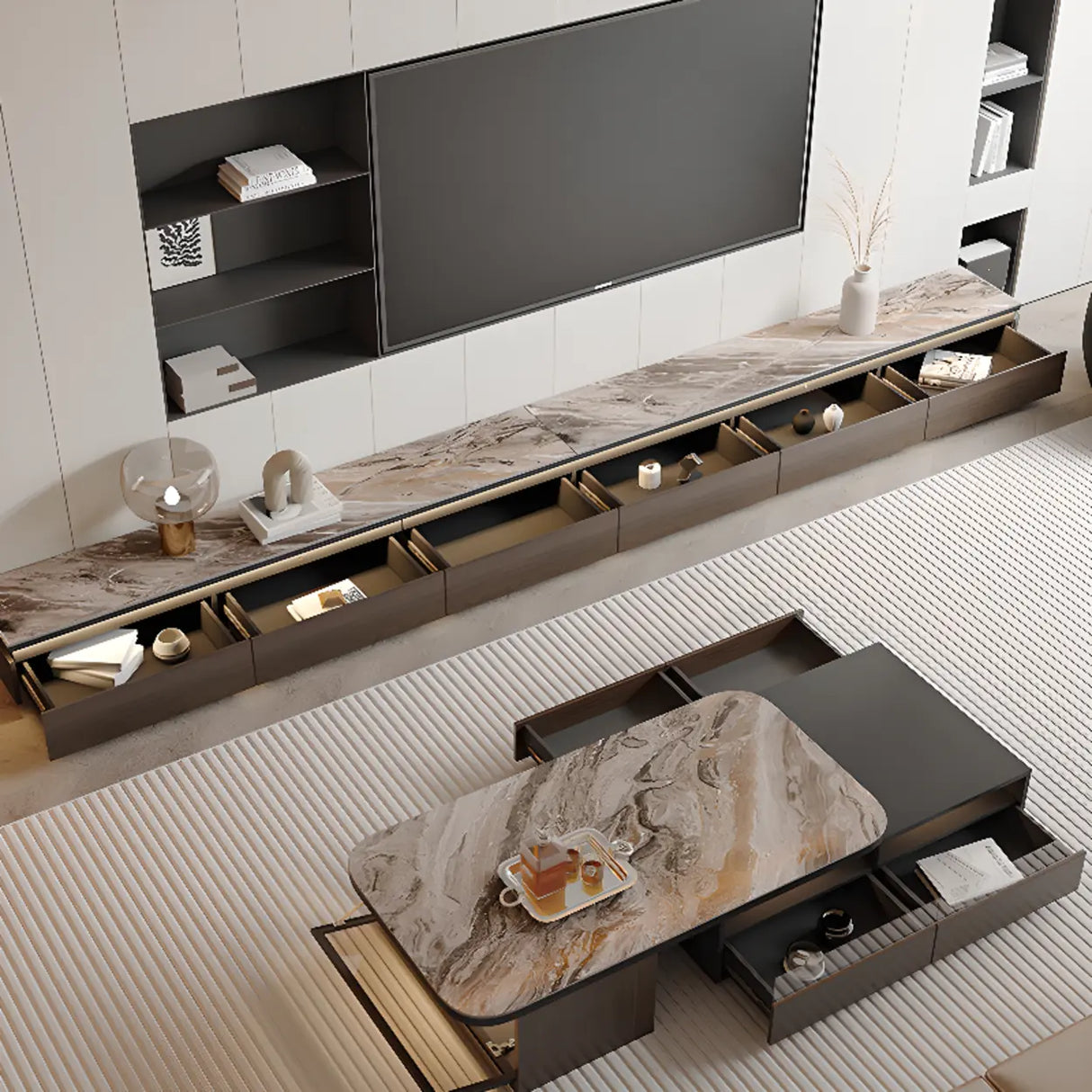 Modern TV Stand with Storage Drawers and Marble Top Image - 8