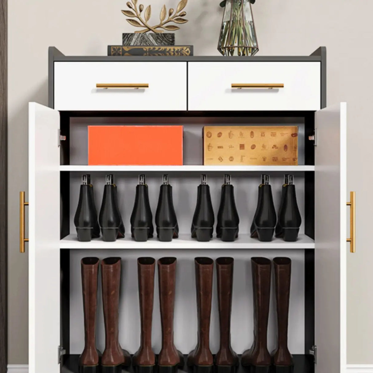 Modern Two-Door Wood Hallway White Large Shoe Cabinet Image - 10
