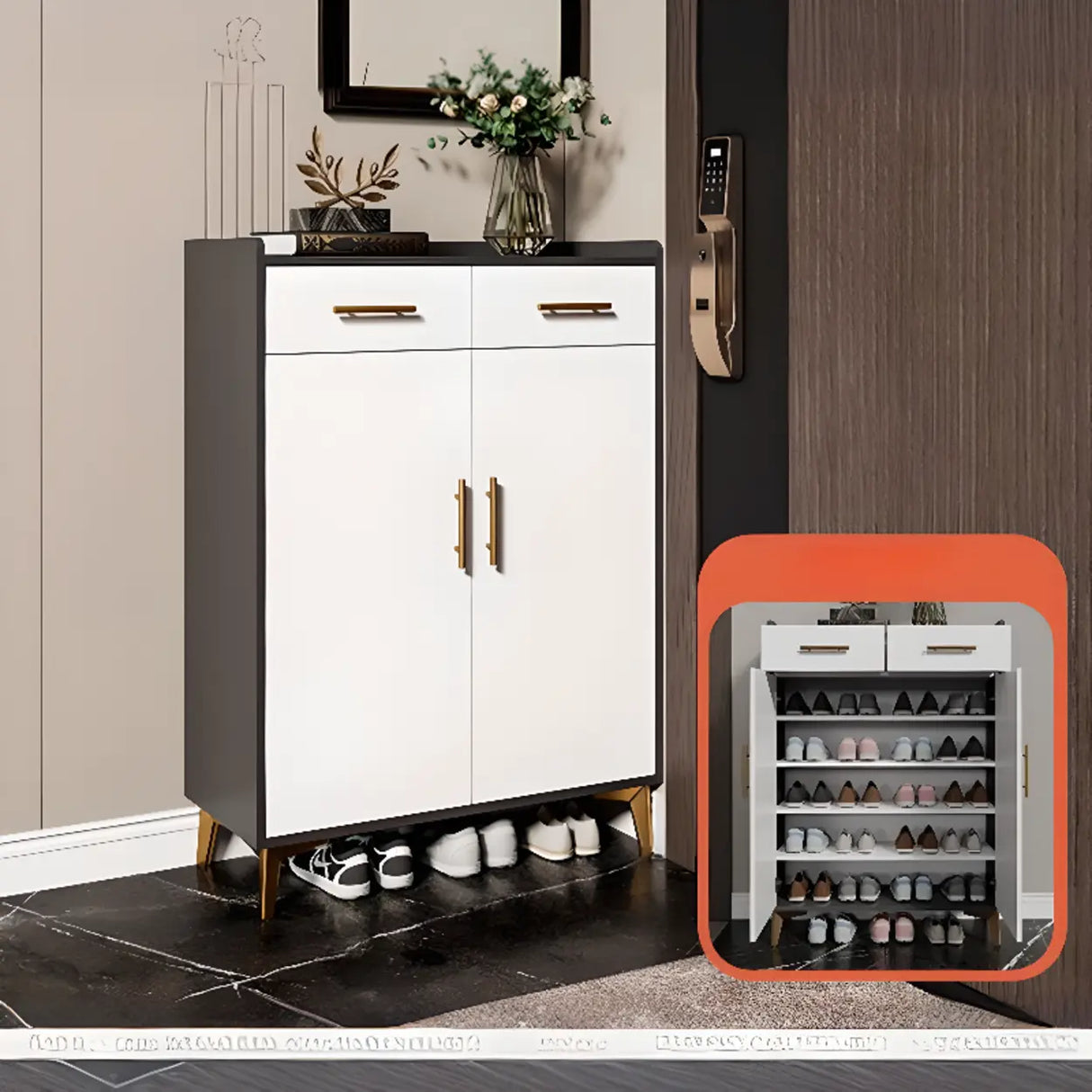 Modern Two-Door Wood Hallway White Large Shoe Cabinet Image - 11